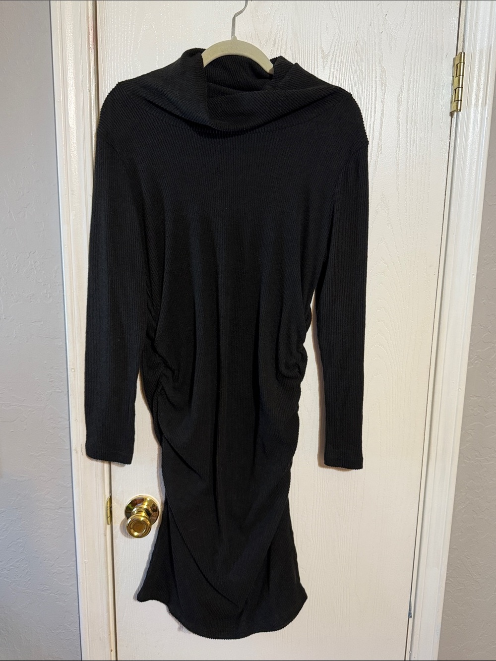 Women's Black Long-Sleeve Draped Sweater Dress